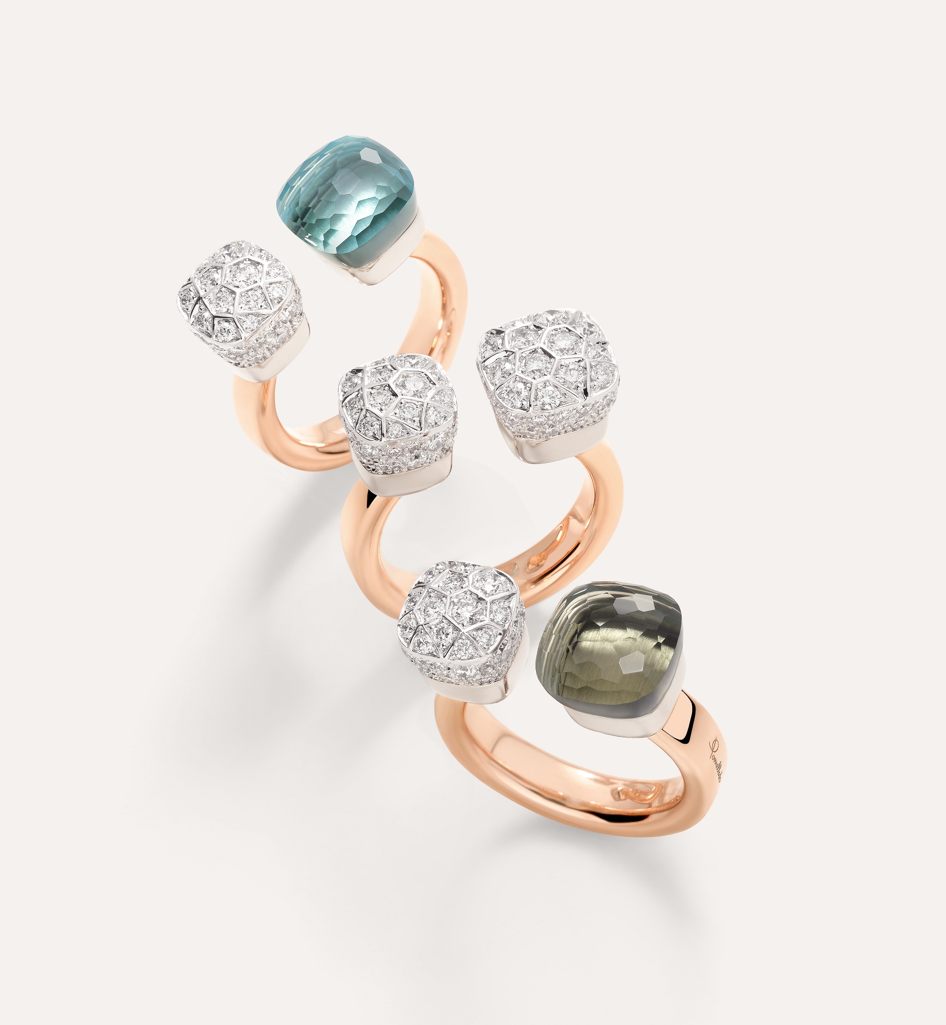 NUDO rings with diamonds, sky blue topaz and prasiolite by Pomellato, Galerie Voigt