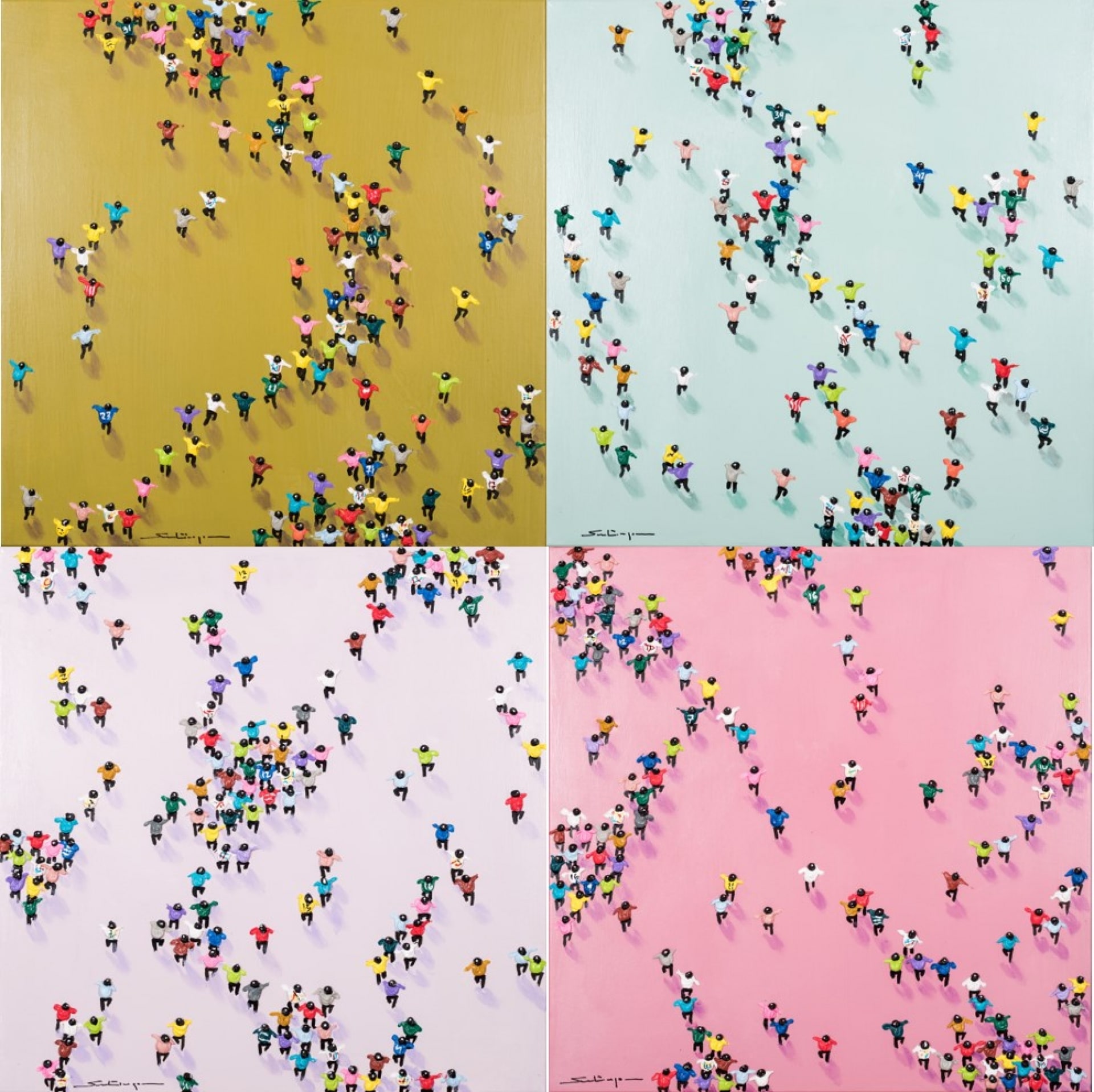 Santiago Navarro: Pack people colors 2, Unikat, Mischtechnik auf Leinwand, auf Keilrahmen gezogen, 4-teilig, Format 120 x 120 cm, handsigniert, 3.300 Eur