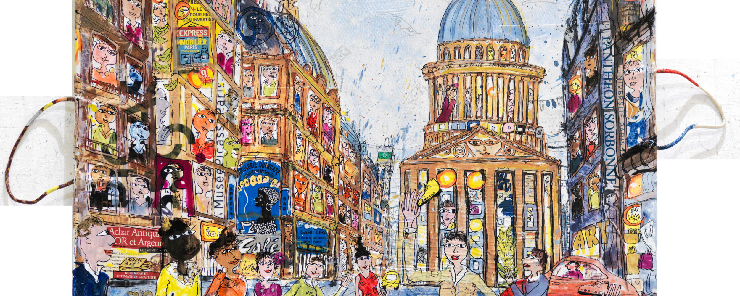 Thitz: Paris Pantheon, 2018, Acrylfarben und Tüten auf Leinwand, 70 x 50, 6.000 eur.