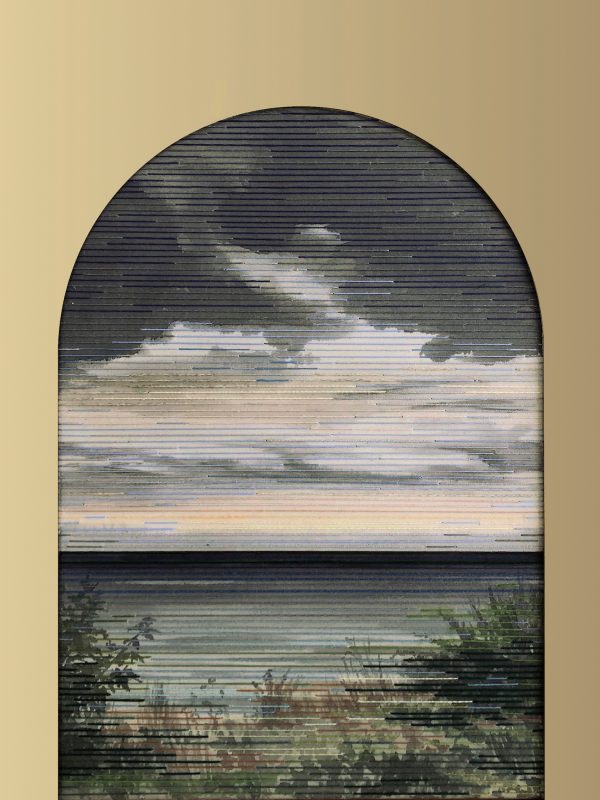 Linda Männel: Jaula d'Oro II, 2019, Tusche/Garn auf Leinwand/Acrylspeigelglas, 60 x 70 cm,