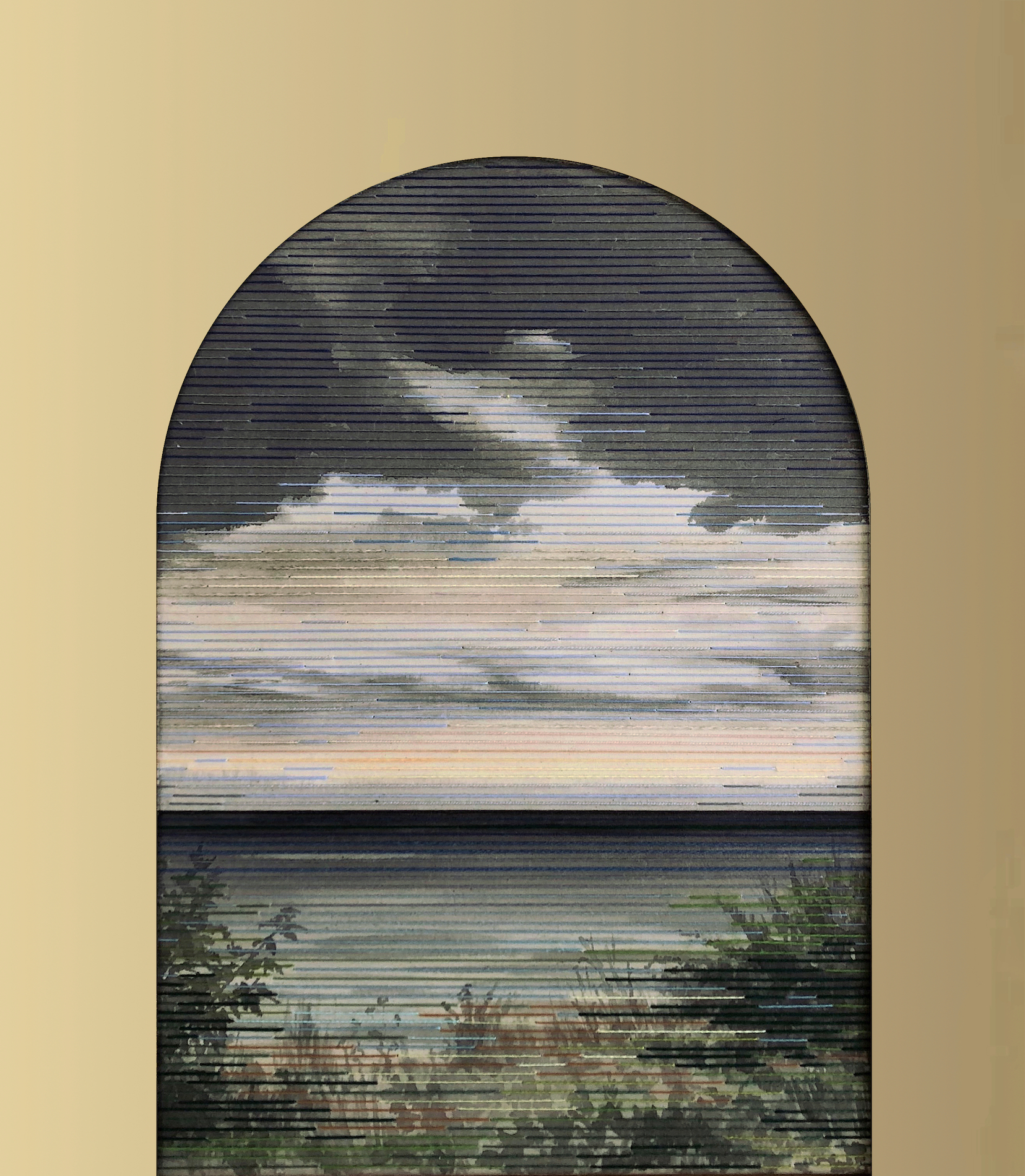 Linda Männel: Jaula d'Oro II, 2019, Tusche/Garn auf Leinwand/Acrylspeigelglas, 60 x 70 cm,