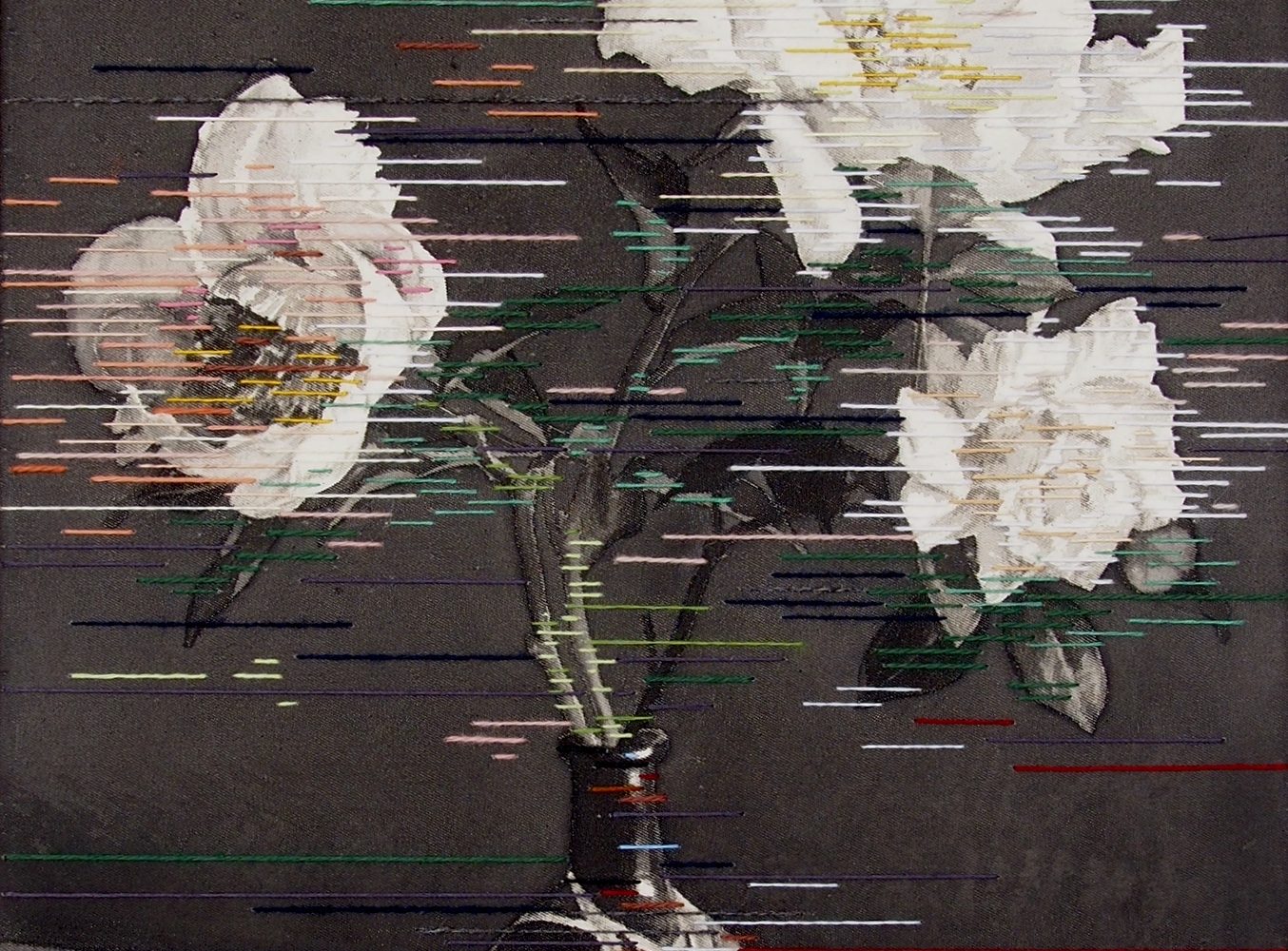 Linda Männel: Glowing in the dark, 2020, Tusche/Garn auf Leinwand, 40 x 52 cm