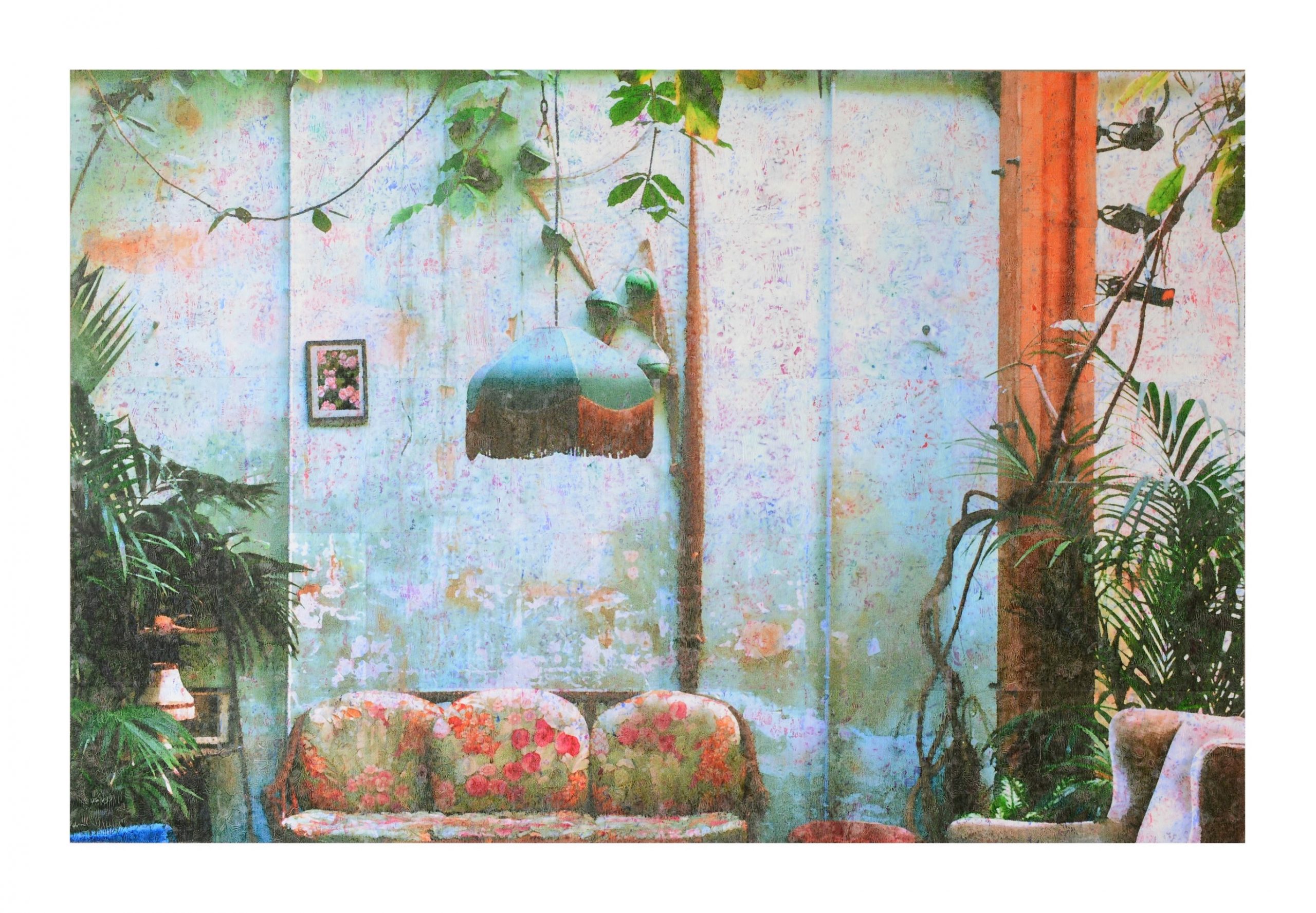 Ralph-J., Petschat, Raum mit Sofa, Acryl/Pigmenttinte/Papier auf Leinwand, 150 x 100 cm, 3.800 Eur