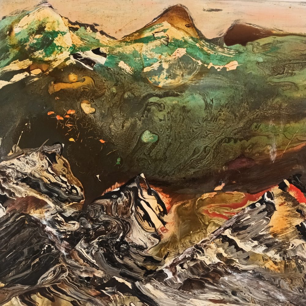 Barbara Bernrieder, abstrakte Bergwelt, Unikat, Mischtechnik/Harz/Öl und Pigment auf Leinwand, 40 x 40 cm, 2.000 eur