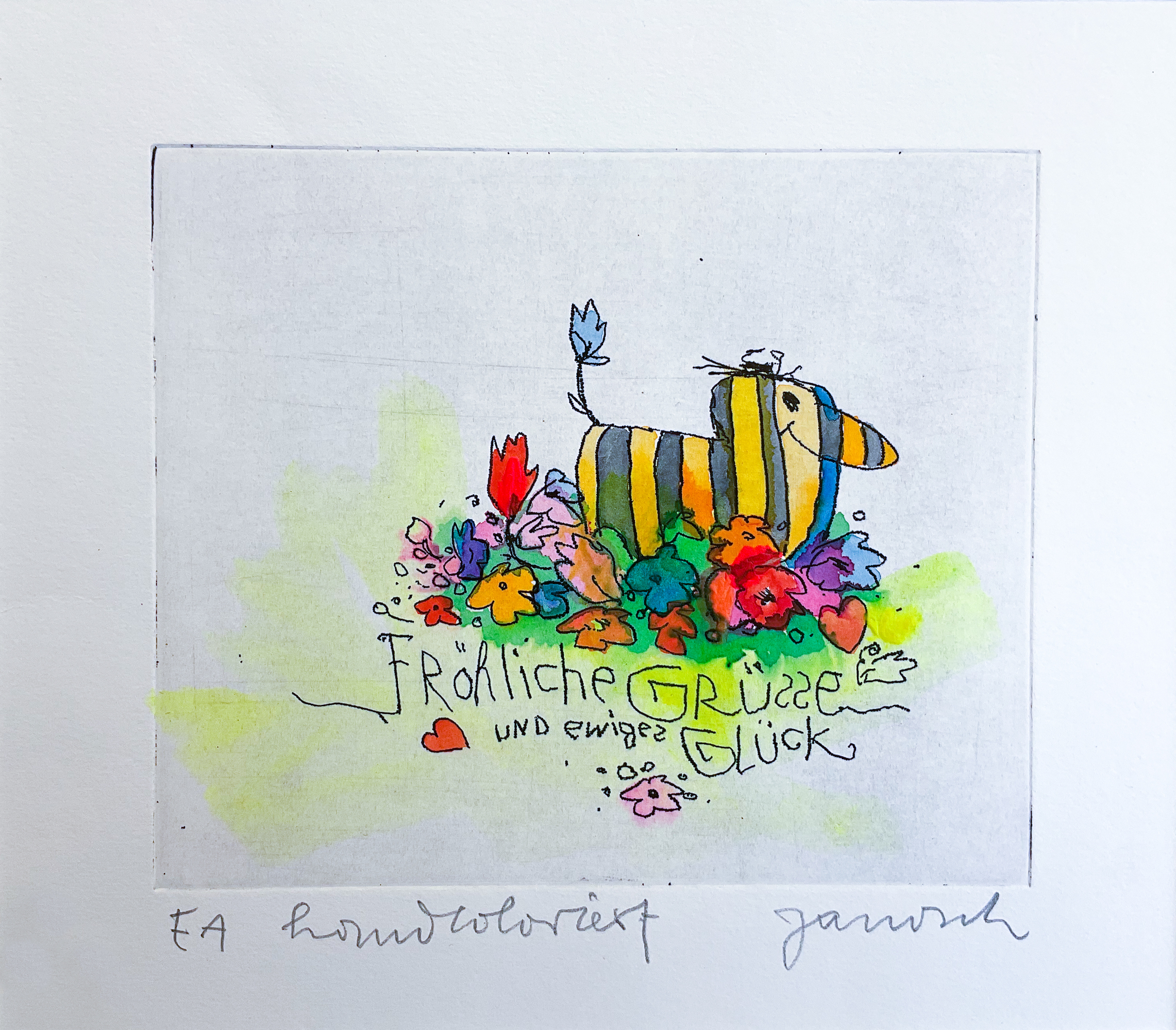 Janosch, Fröhliche Grüße, handkolorierte Radierung, E.A., 14,5 x 12,5 cm, mit Passepartout und Vergolderrahmen 40 x 50 cm, 2.980 eur