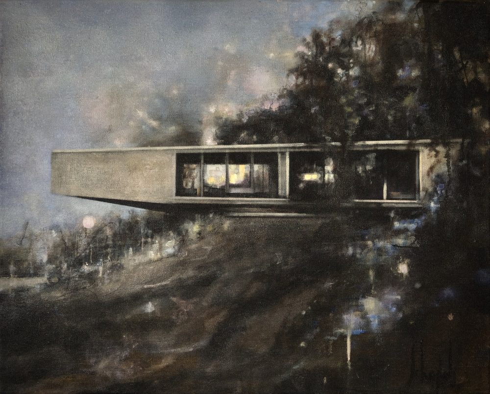 Carola Schapals: Floating House in the twilight, Unikat, Öl auf Leinwand, 50 x 40 cm, 2020, 3.670 eur