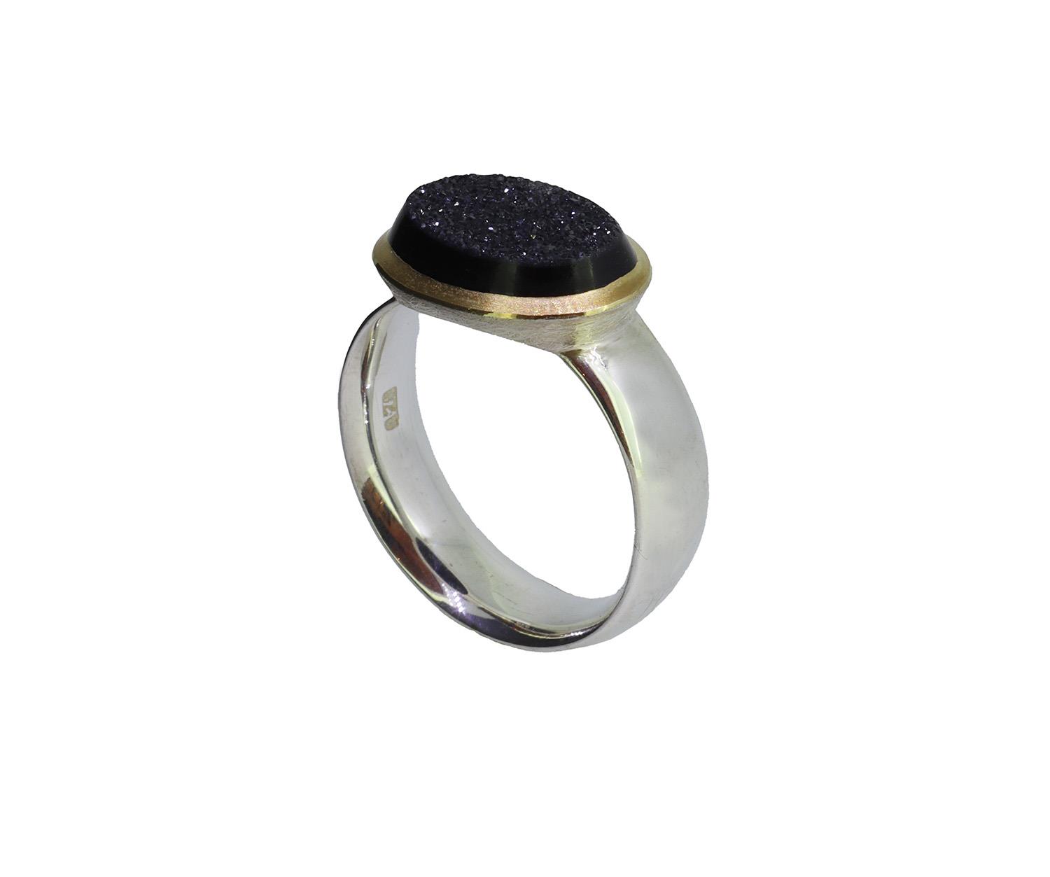 Ring Drusenquarz schwarz 925 Silber mit Gold - Individuelle Marken - 2066