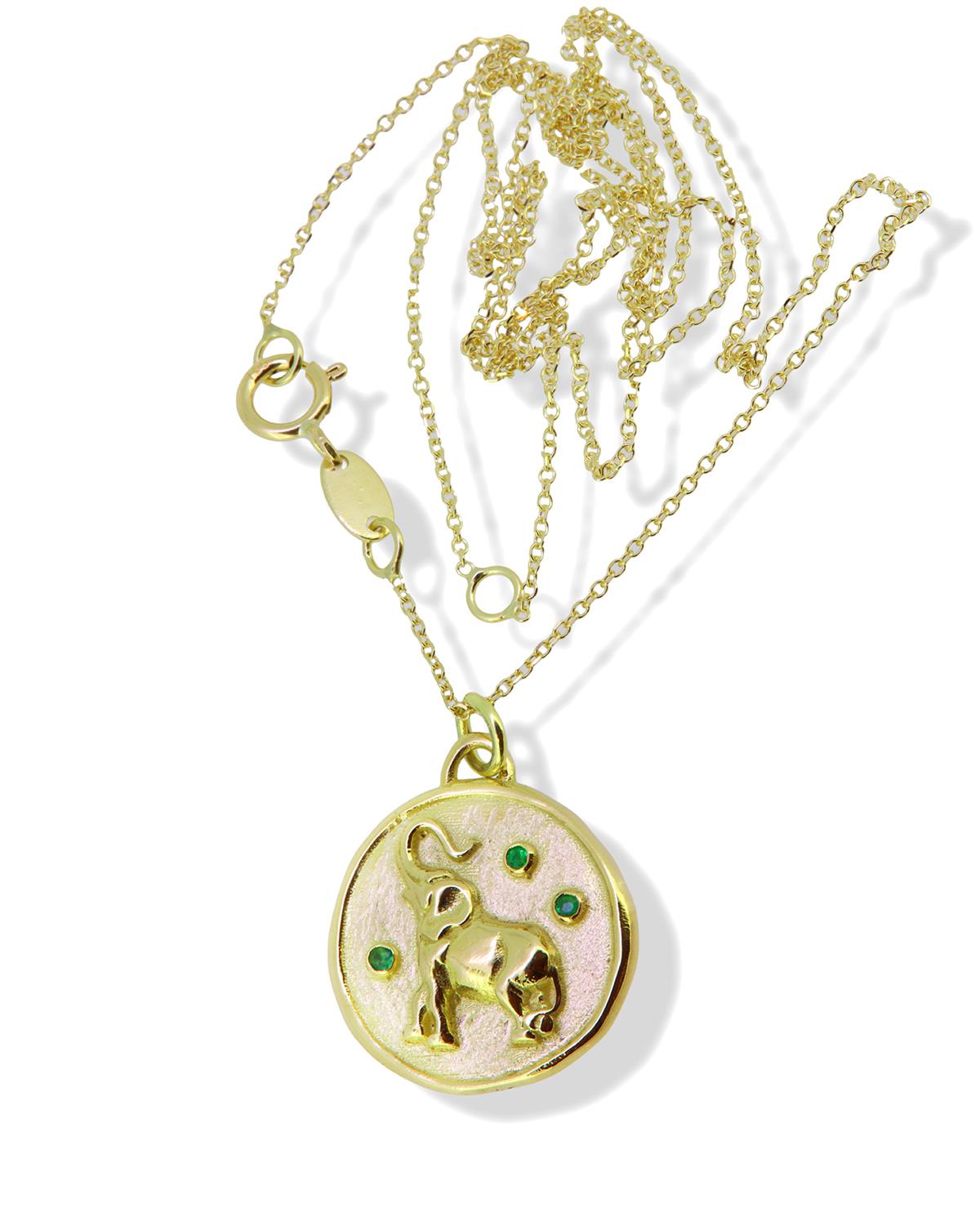 Kette 18K Gelbgold mit Elefant und drei Smaragden - Lefteris Margaritis - NG0066E
